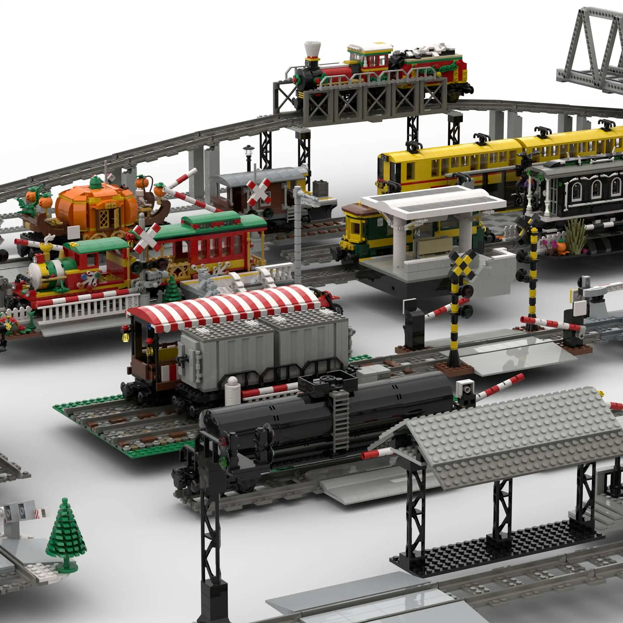 MOC-model voor treinwagens, aandrijfvoertuig voor spoortransportvoertuig, indicatielampje voor spoorliftpaal, treinaccessoires