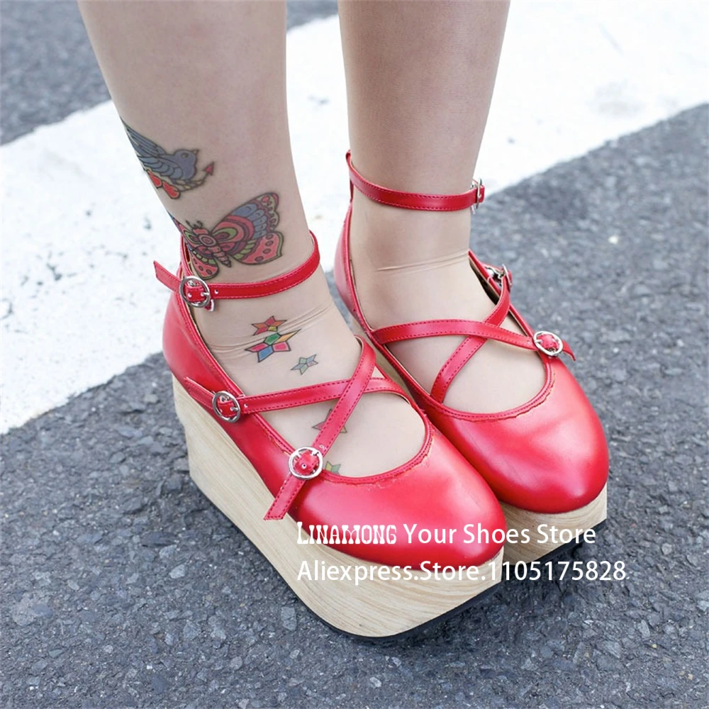 Doce gótico lolita sapatos de cavalo de balanço alça cruzada tornozelo fivela plataforma apartamentos novidade kawaii dedo do pé redondo sapatos de couro para mulher