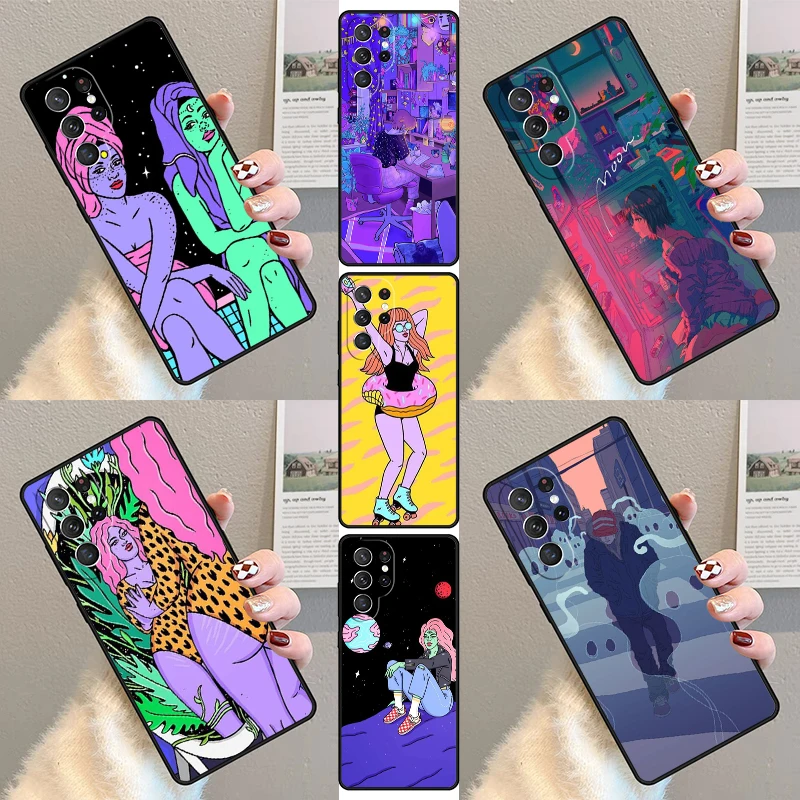 Aesthetics Cartoon alien space Phone Case For Samsung Galaxy S23 S21 S20 FE S24 S22 Ultra Note20 S10 S9 S8 Plus Silicone Cover