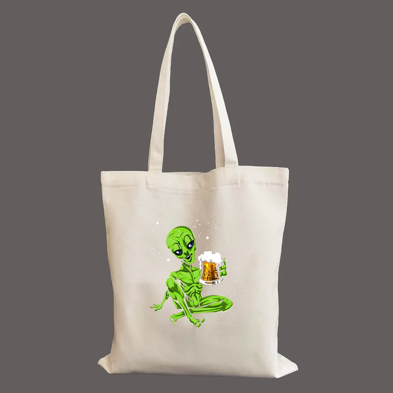 

Alien Drinking Beer Ufo Alcohol Shopper Bags Shopping Bag Tote Bag Shoulder Bag Canvas Bags Large Capacity College Handbag