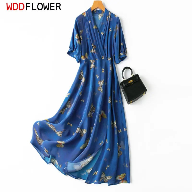 Women Silk Maxi Dress 100% Mulberry Crepe Silk Blue Butterfly Printed V Neck 2023 Fashion Mide Dress Big Hem M L XL MM746