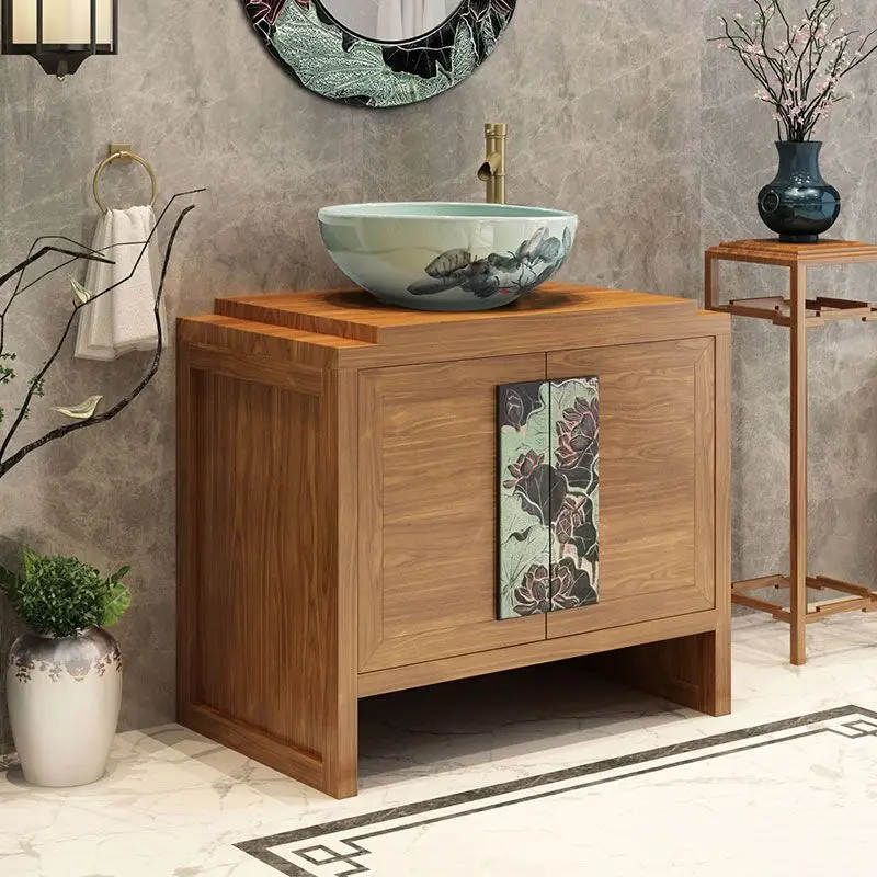 Modern Vintage Chinese Bathroom Vanity Creative Art Countertop Wash Basin Cabinet Set for Hotel Teahouse Home Decor