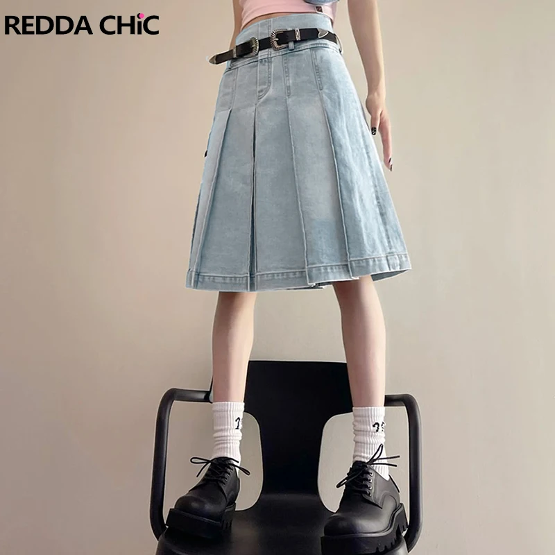 REDDACHiC-Falda plisada para niña, Falda vaquera azul hasta la rodilla, falda larga de corte en A para mujer, traje Vintage coreano Y2k