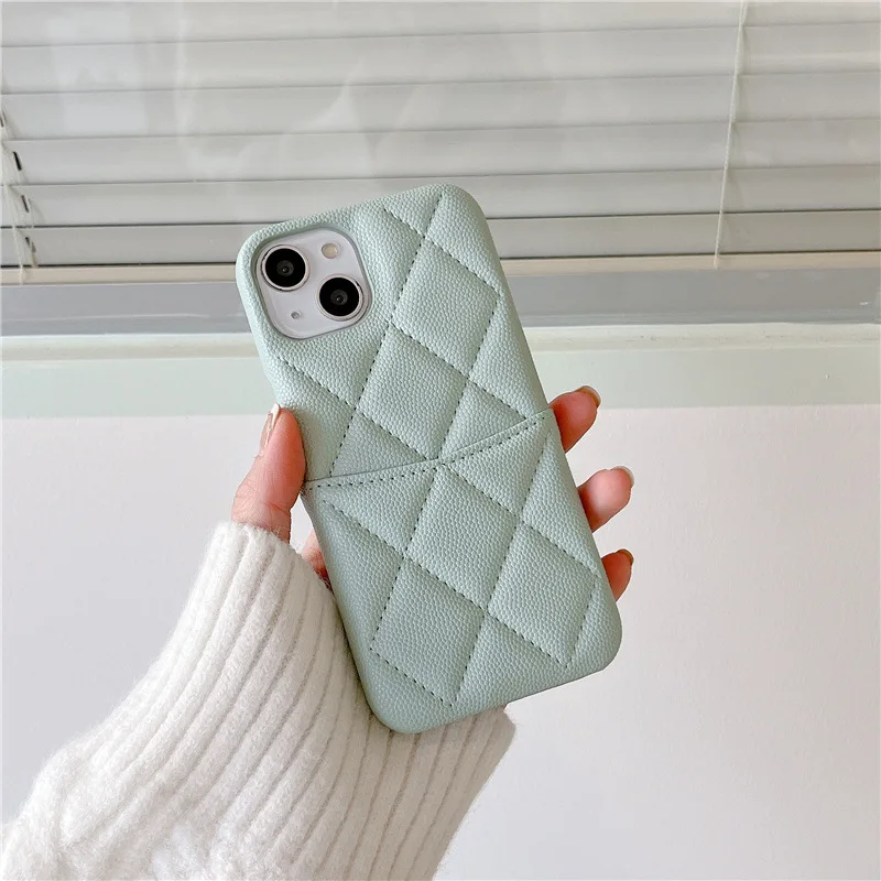 Insert Card Phone Case IPhone 16 Promax Small Fragrant Wind Lingge Luxury Apple 11 Lychee Pattern 13 Leather 12 Anti Collision