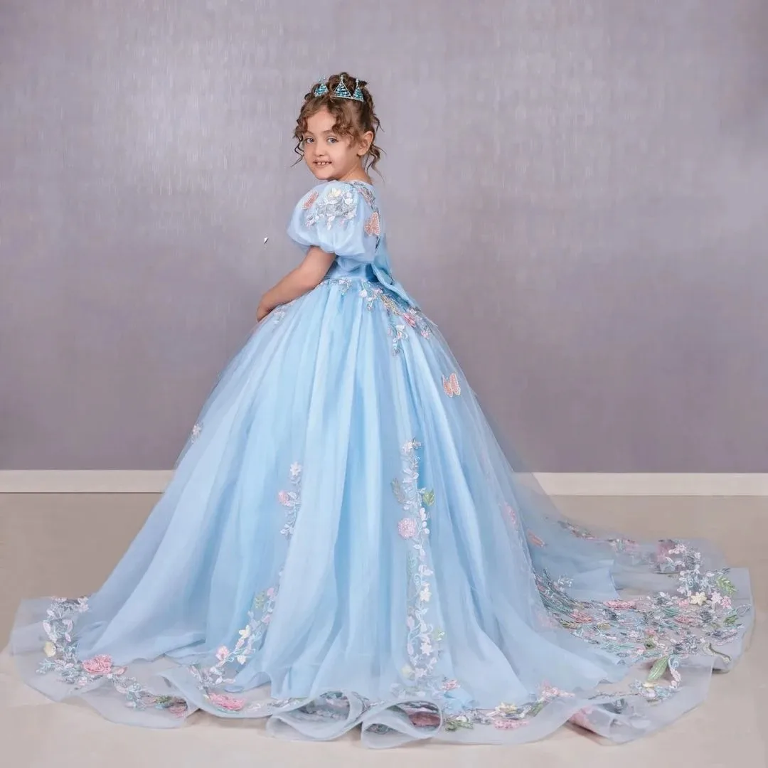 Robe de demoiselle d'honneur bleue personnalisée pour mariage avec nœud, tulle floral, appliques en dentelle, fête d'anniversaire pour enfants, robe de Rhde première communion