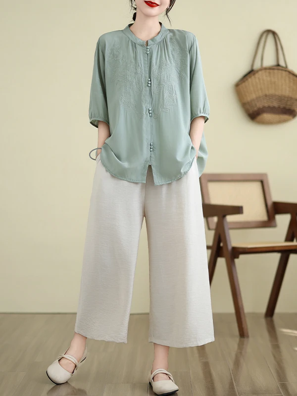 Large Size Women's Cotton Linen Suit Summer 2025 New Mid-Age Mom's Faionable Two-Piece Set Seven-Quarter Sve Stand Collar