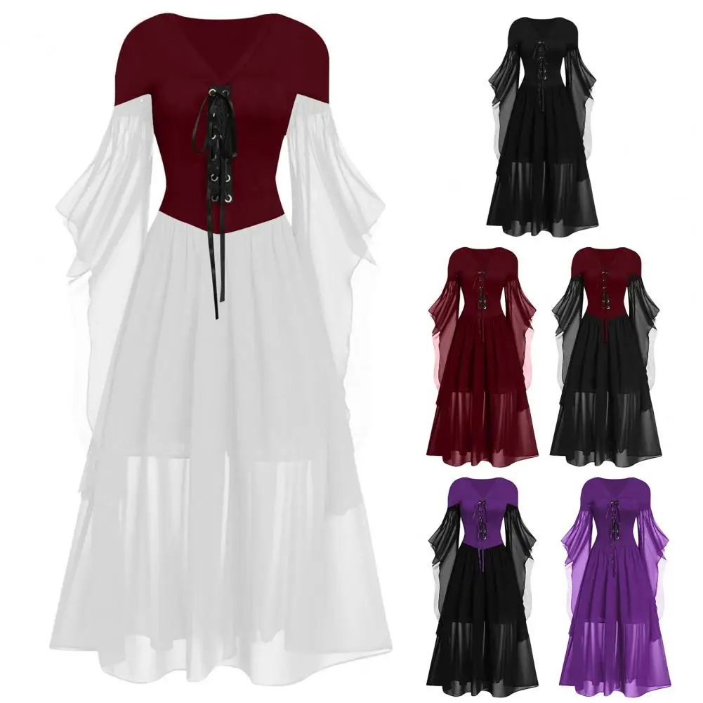 Women Halloween Party Dress Gothic Style Lace-up Strap V Neck Cosplay Dress Color Matching Long Horn Sleeves Performance Dress