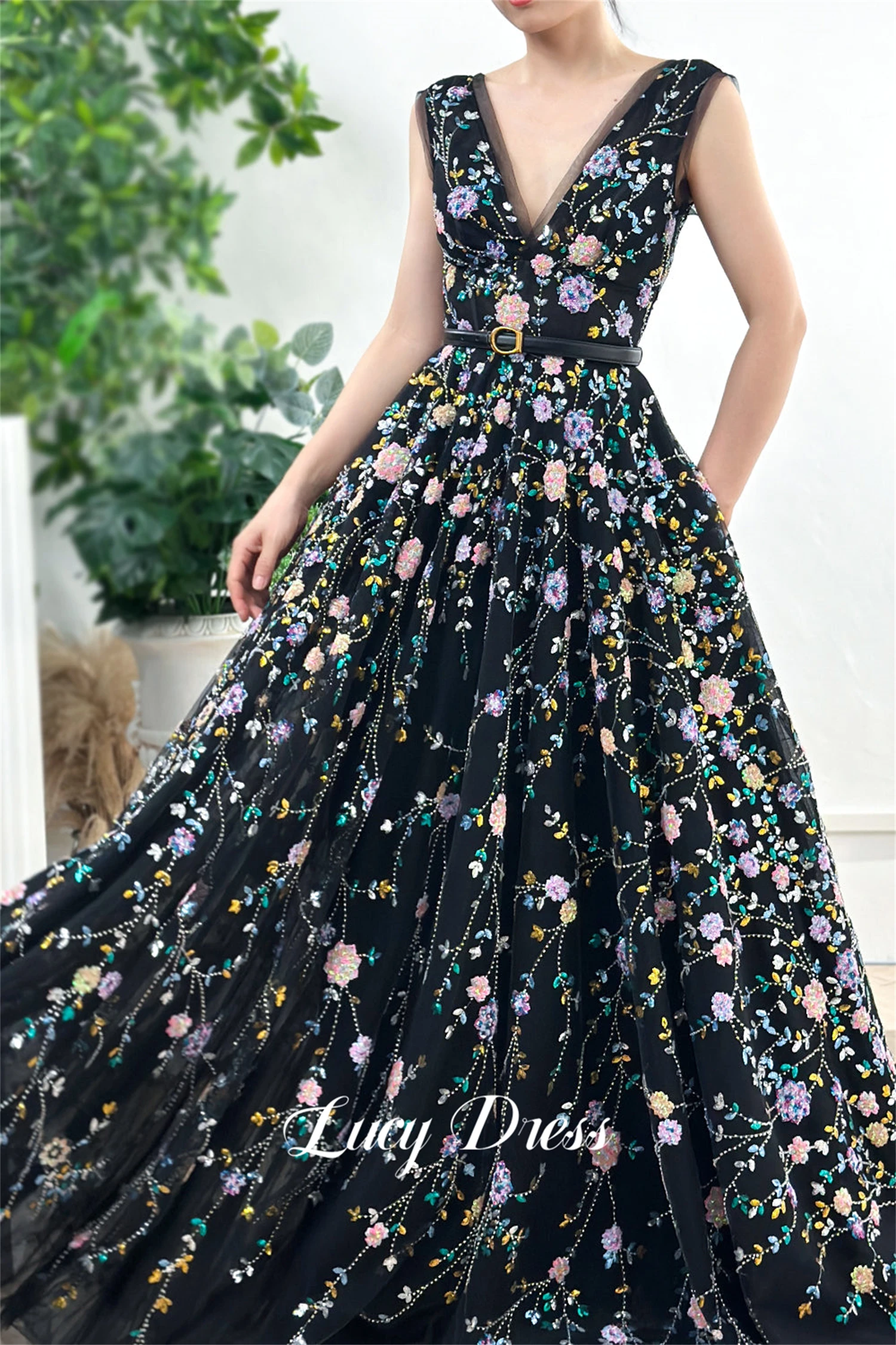 Lucy Line-Robe de Rhà fleurs 3D pour femmes, col en V, robes de gala, robe de soirée, Rh, mariage, 2024