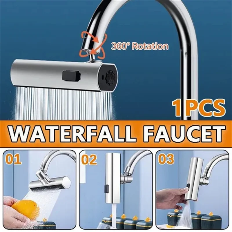 1PC Waterfall Kitchen Faucet 360° Rotate 2.2cm Modern Design Thread Anti-Splash Device Bubbler Booster Bathroom Kitchen Faucet