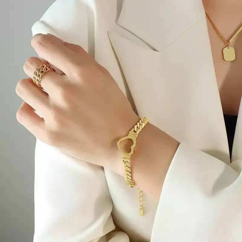 EILIECK 316L Edelstahl Metall Hohlherz Halskette Armband Set für Frauen Trendiger Wasserdichter Goldfarbener Ketten-Schmuck Geschenk – Detail 12