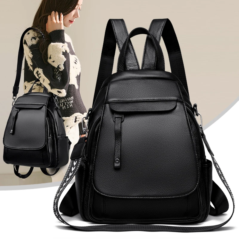 

Genuine Leather Women Backpack Purses High Quality Cow Leather Female Shoulder Bag School Bag Travel Bagpack Luxury Ladies Tote