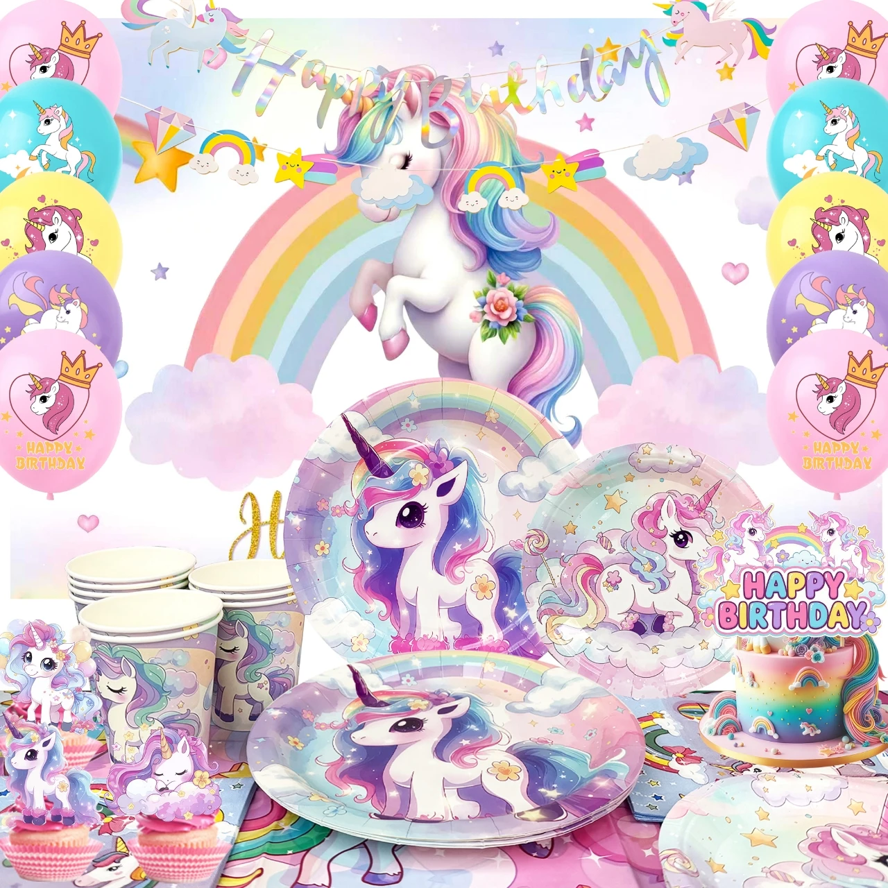 98 Pcs Rainbow Unicorn Party Supplies- Unicorn Plates Napkins Banner Balloons etc Unicorn Birthday Party Decorations Tableware