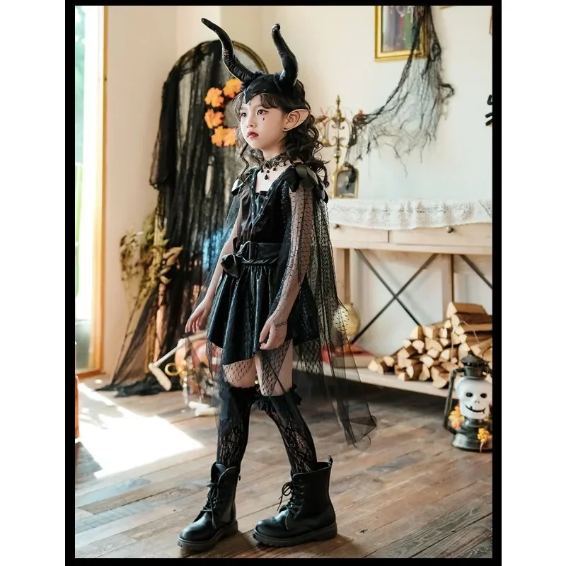 Halloween Carnival Children Cosplay Costume Dark Witch Stage Performance  Girls  Runway Show Vampire Night Elf Cute Dress