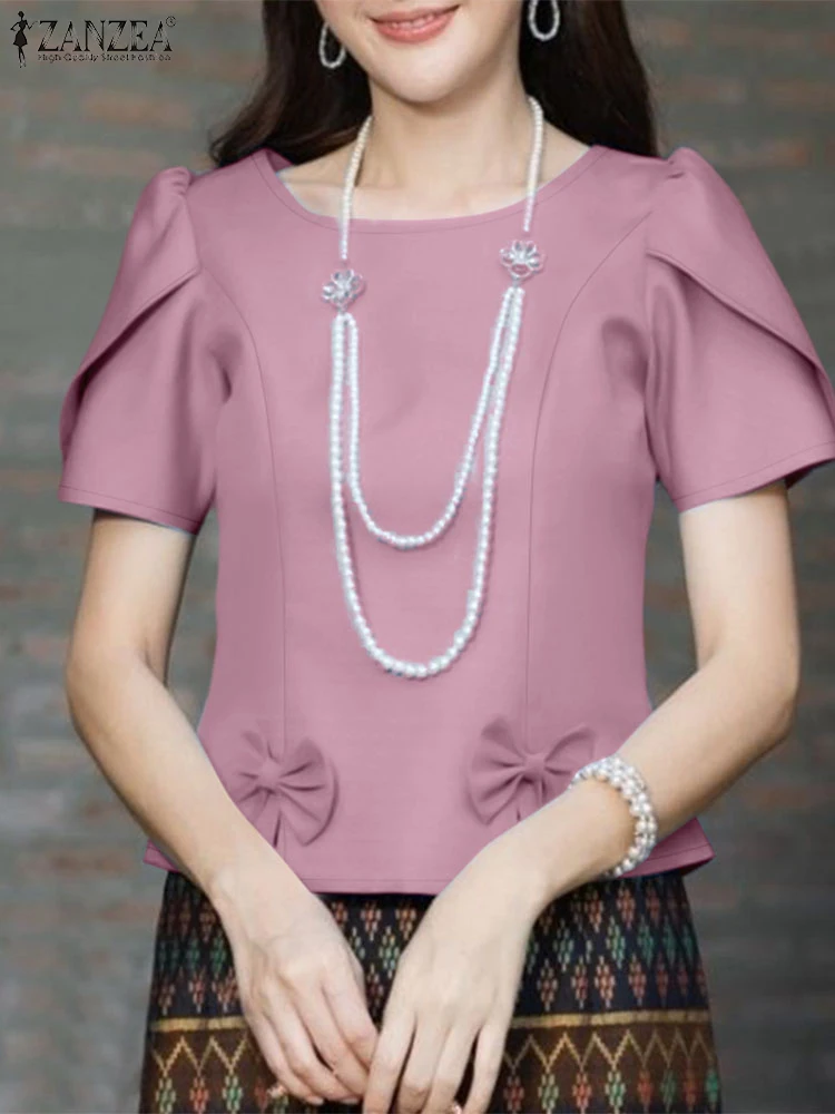 2025 ZANZEA Summer Blouses Women Elegant Solid Work OL Shirts Casual O Neck Short Sleeve Slim Fit Blusas Fashion Holiday Tops