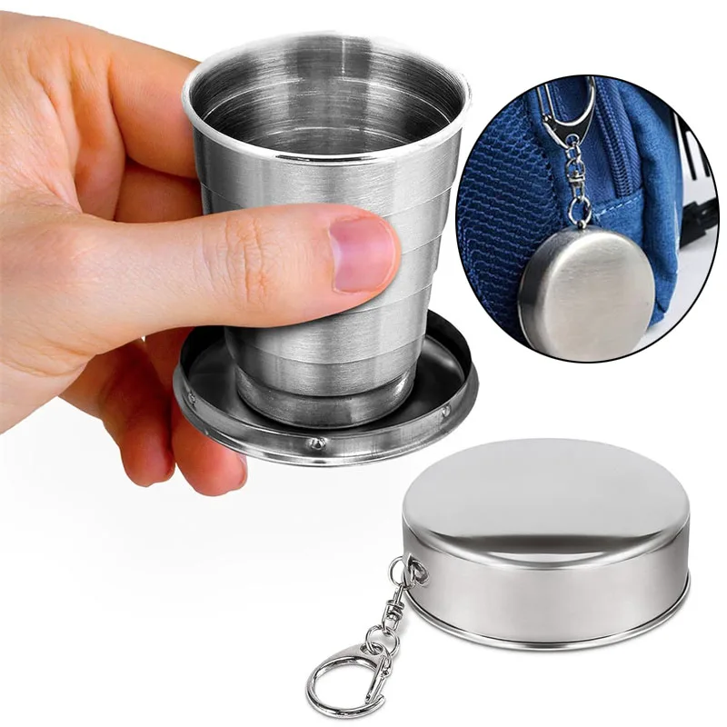 

Складная дорожная чашка на 250 мл с брелком, 2 шт., складная чашка для кемпинга из нержавеющей стали, портативная кружка для питья, дорожные многоразовые чашки