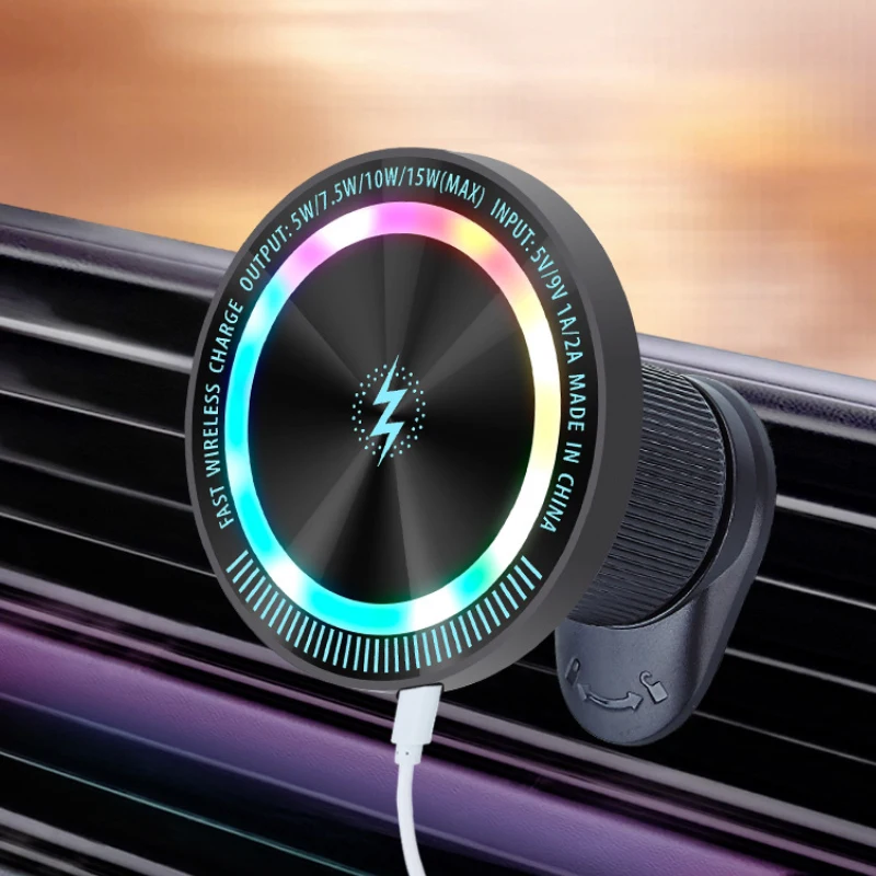 Magnetic Auto Mounted Wireless Fast Charging Mobile Phones Car Holder for Apple Android Colorful LED Wireless Charger Dashboard