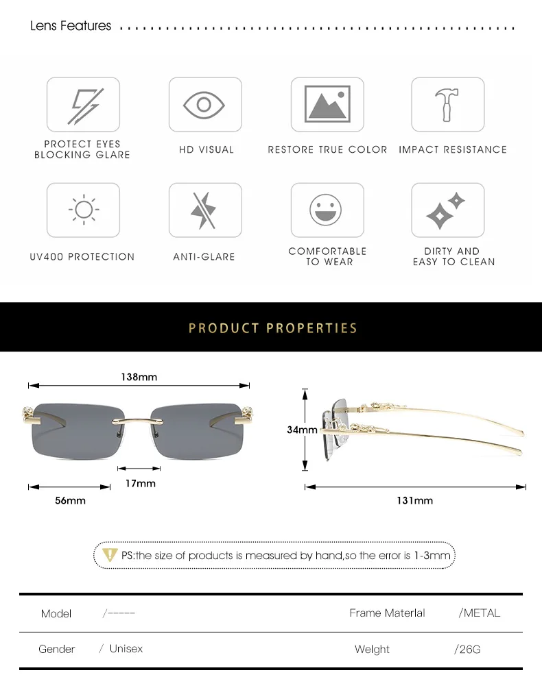 2 Stück Business Rechteckige Sonnenbrille Luxus Randlose Uv400 Gepard Herren Sonnenbrille – Detail 6