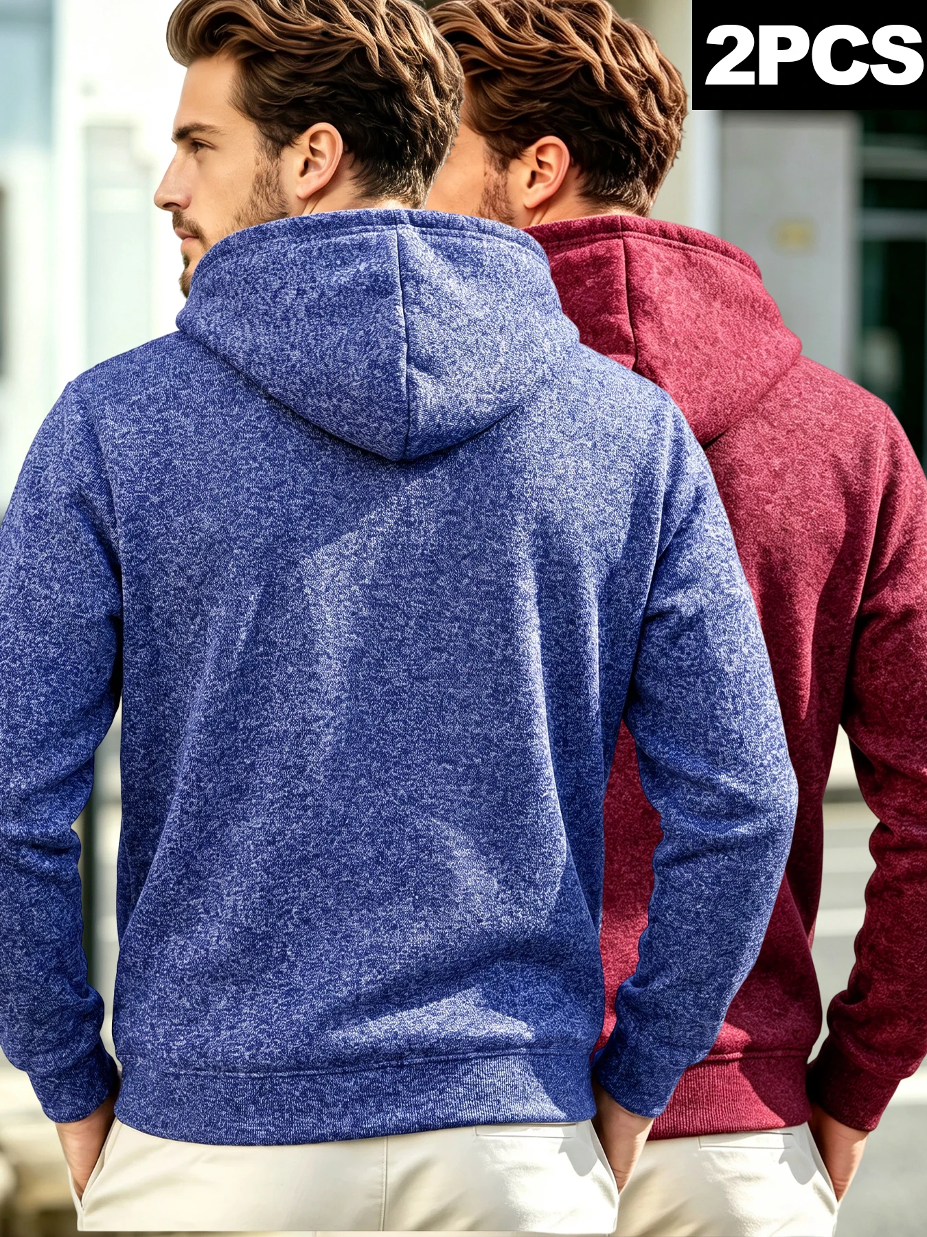 Mens Heather Texture Full Zip Hooded Sweatshirt Drawstring Hood Side Zipper Pockets Ribbed Hem Cuffs Casual Daily Jacket