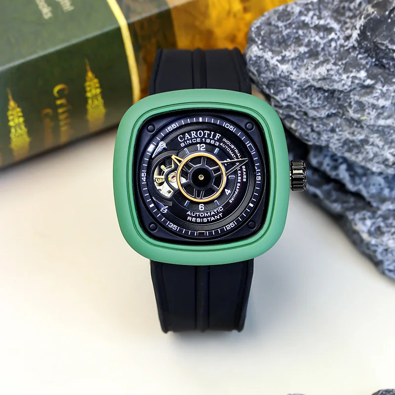 ساعة ميكانيكية أوتوماتيكية بالكامل بشريط أسود كلاسيكي أنيق مربع هيكل عظمي توربيون للرجال #1