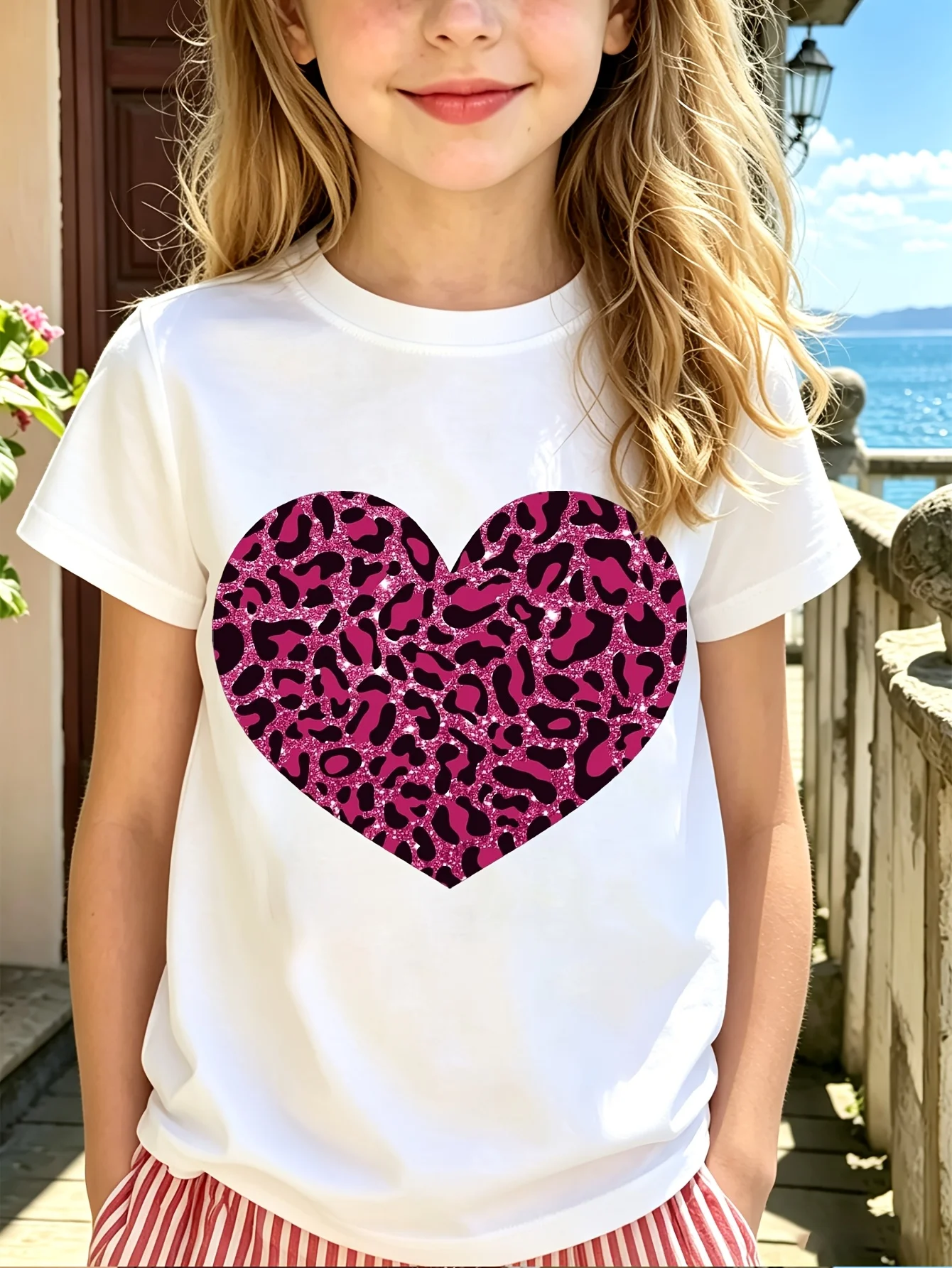 Kids Family Matching T Shirt Pink Glitter Leopard Heart Print Short Sleeve Cotton Tops For Boys Girls Daily Casual Outfit