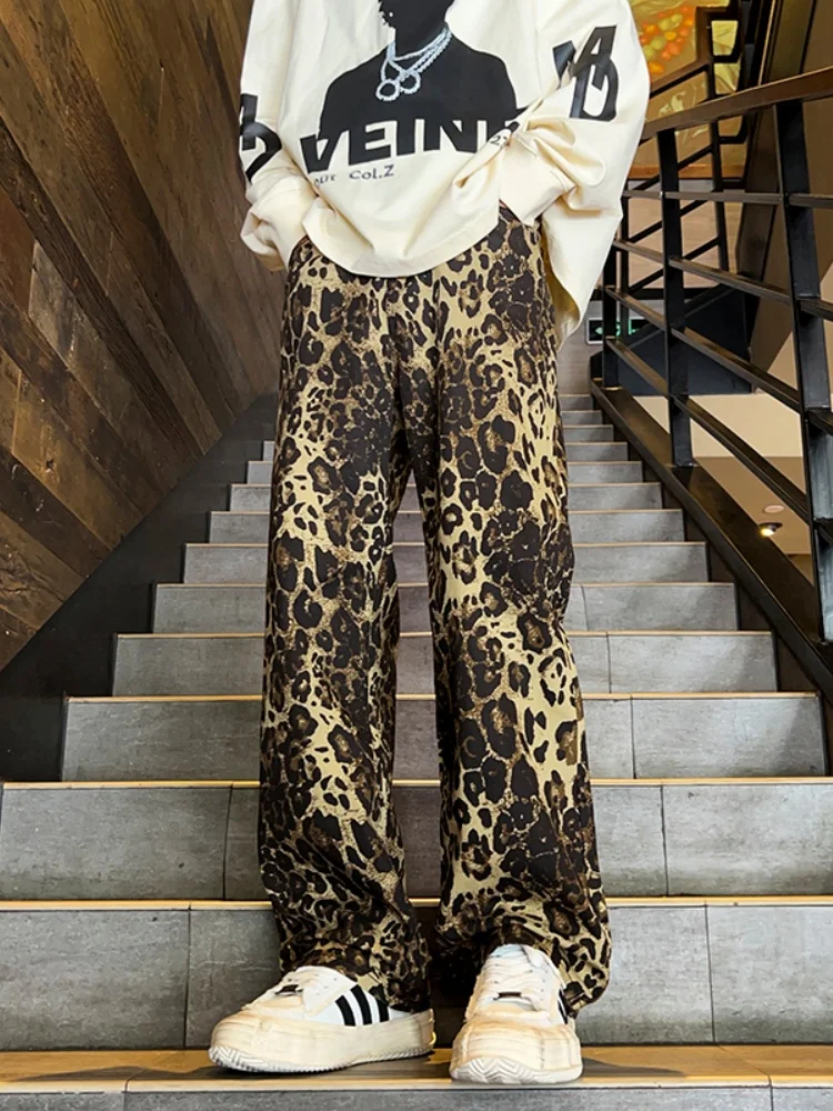 

Мужские джинсы с леопардовым принтом для весны и осени, в американском стиле, прямые, широкие, слегка расклешенные, длинные, в стиле High Street