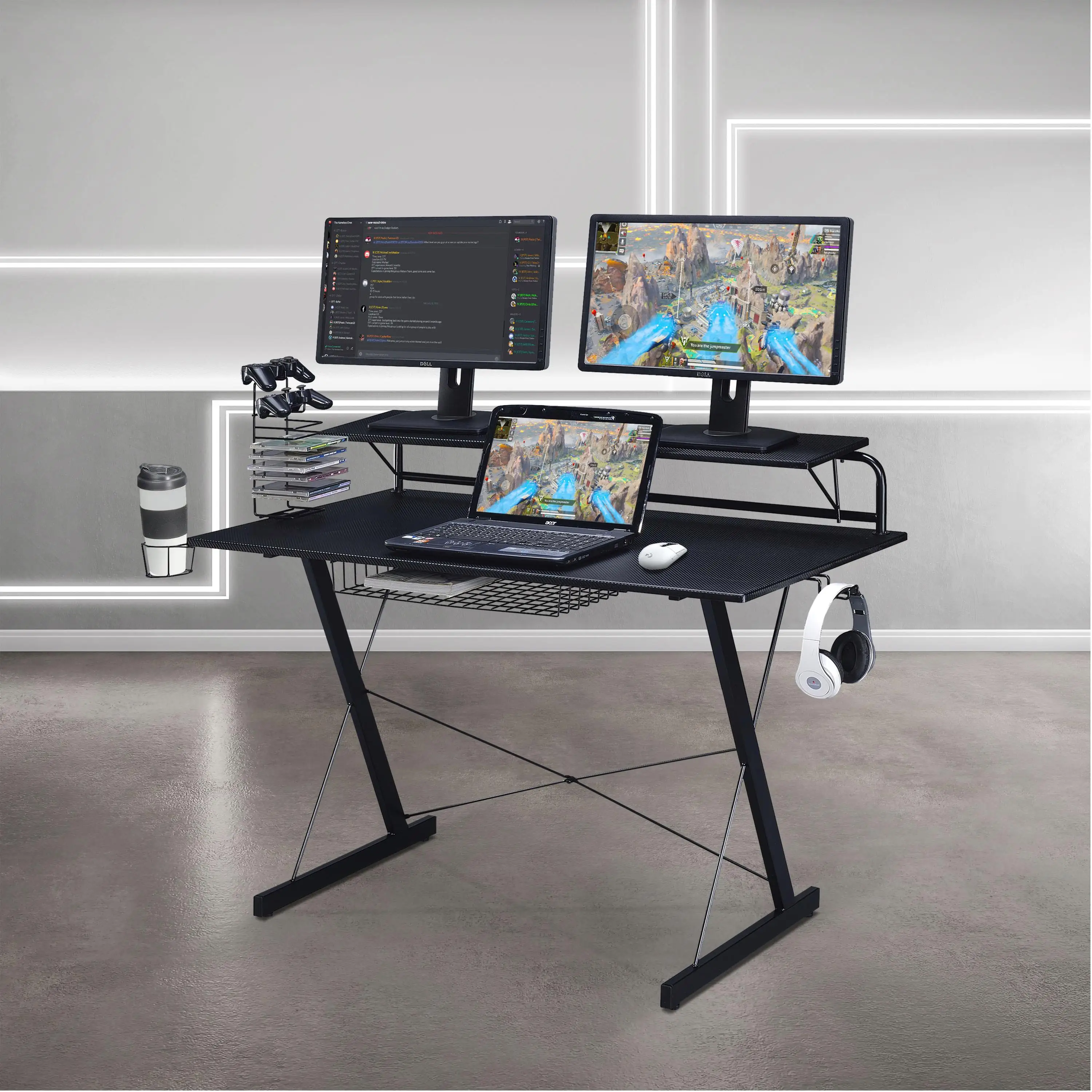 Modern Black Carbon Gaming Desk with Shelving for PC Setup