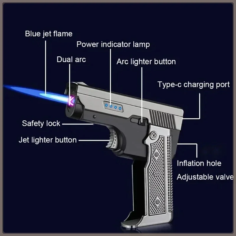 New Gas Electric Dual Flame Lighter Foldable Pistol Shaped Butane USB Lighter Cool Smoking Cigar Tool Birthday Gift