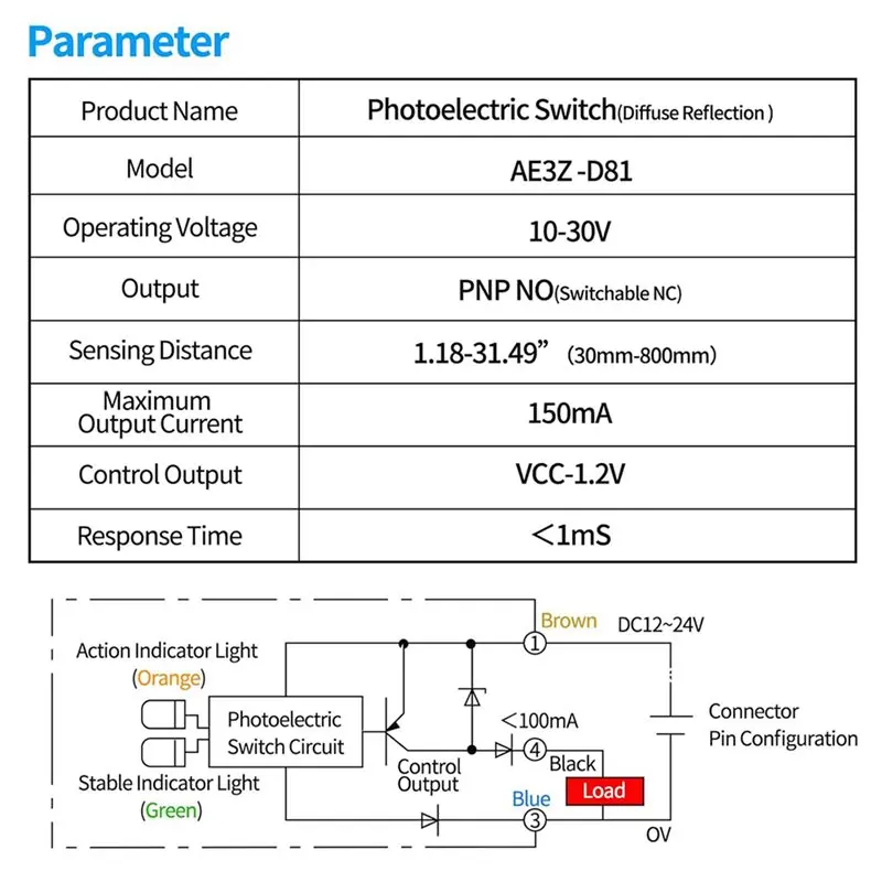 【LAST CHANCE】2X Photoelectric Sensor Switch NO+NC,DC10-30V,Distance:80Cm/31.52Inch, AE3Z-D61,Reflective Photovoltaic Sensor NPN
