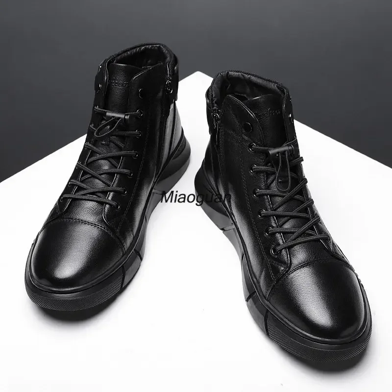 Ankle Boots Black PU Leather Men\'s Sports Shoes Autumn Winter Comfortable High-top Casual Fashion Platform Boots Man Round Head