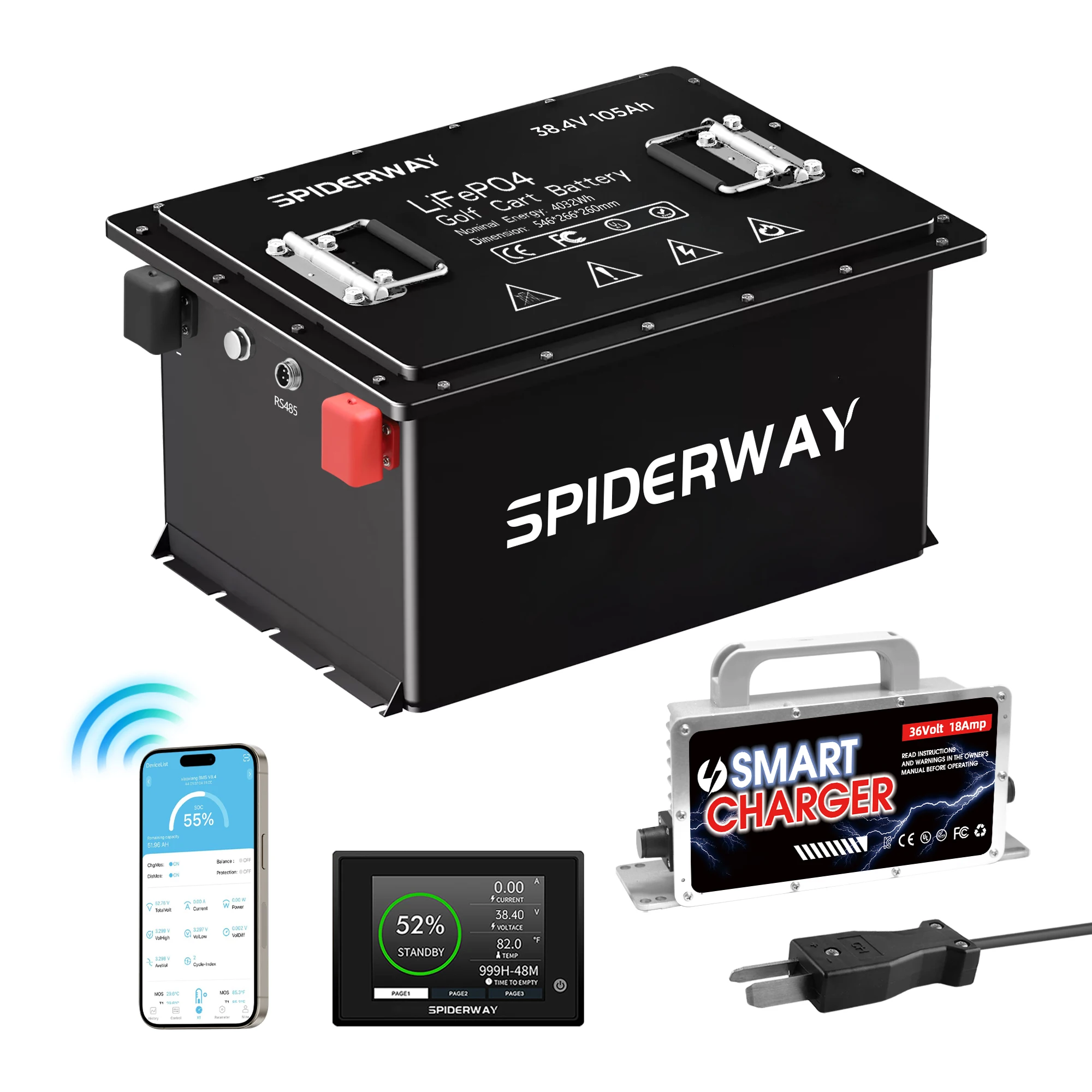 

36V 105Ah LiFePO4 lithium Battery Bluetooth with LCD Monitor, Built-in Smart 200A BMS,for Ezgo Club Car Yamaha Cushman