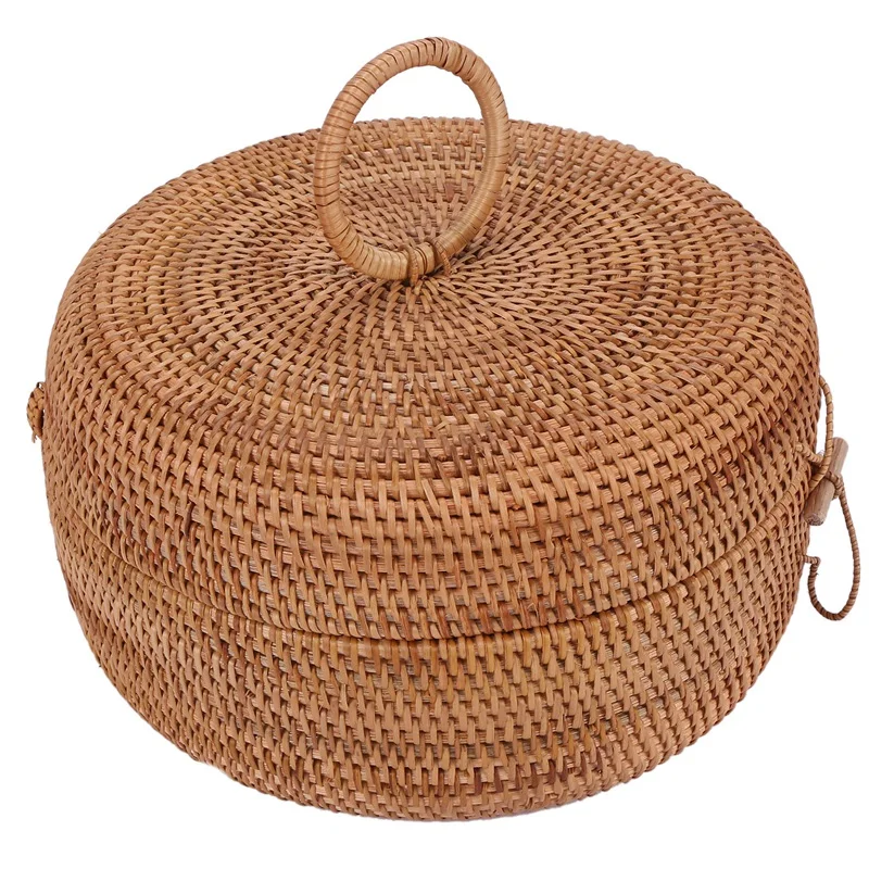 

Autumn Rattan Weave Fruit Basket Round Organizers Box Dried Fruit Candy Snacks Dessert Food Storage Container With Lid