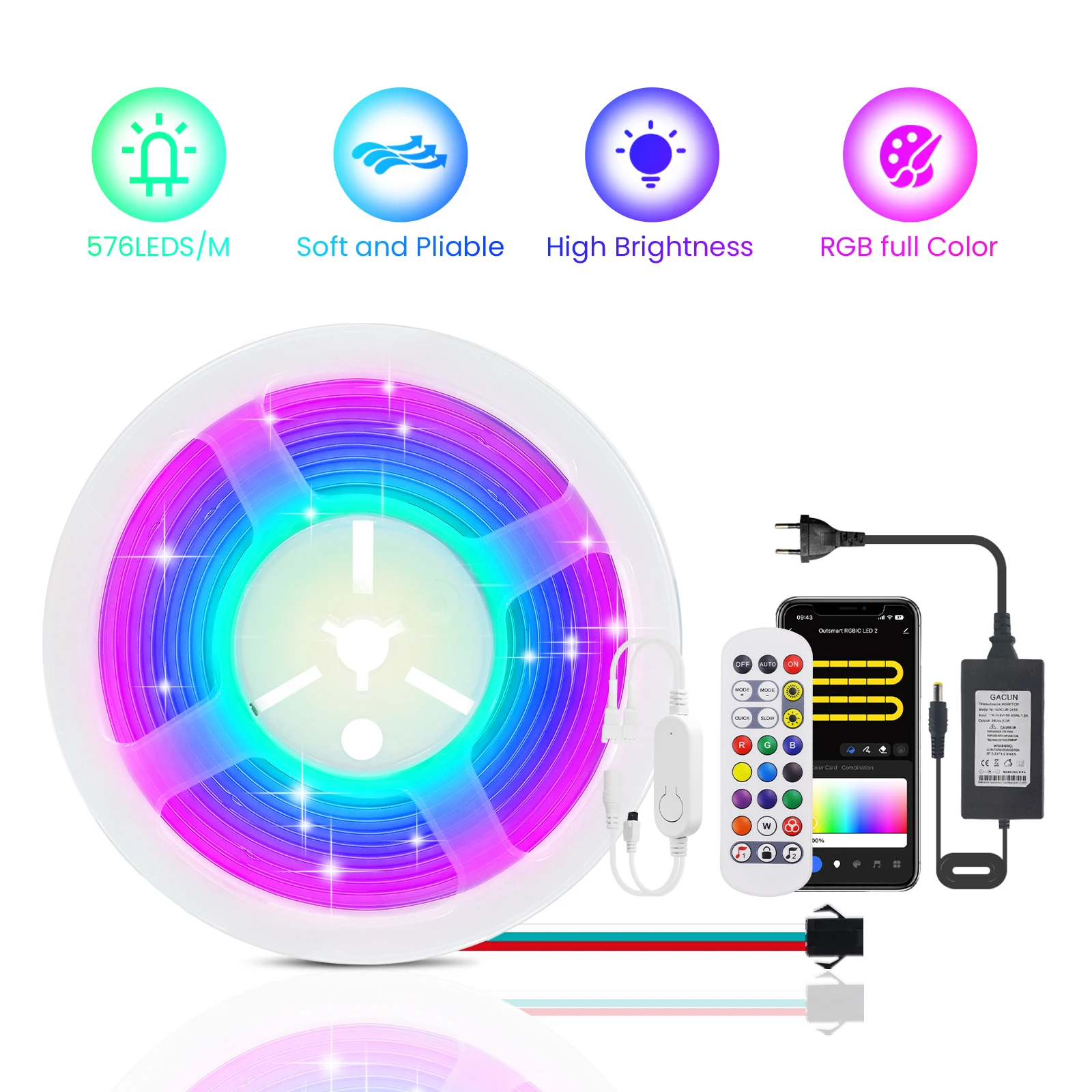 Tuya-Bande lumineuse LED COB adressable, WiFi, Bluetooth, WS2811, 576LED/m, réplique COB, RVB, 10mm, 12V, 24V, haute densité