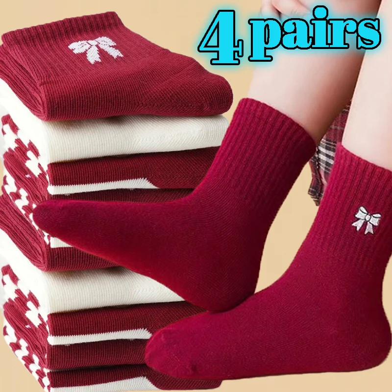 

Lolita Red Bowknot Socks Kawaii Middle Tube Cotton Winter Thicken Stocking Women Snow Boot Socks Knitted Christmas Red Bow Sock