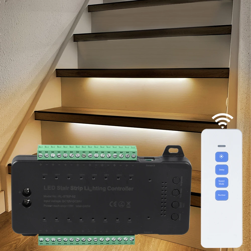 2.4G RF Remote Control PIR Motion Sensor Stair Lighting Controller Moving Effect Multiple Modes For 16 Steps Staircase Home Use