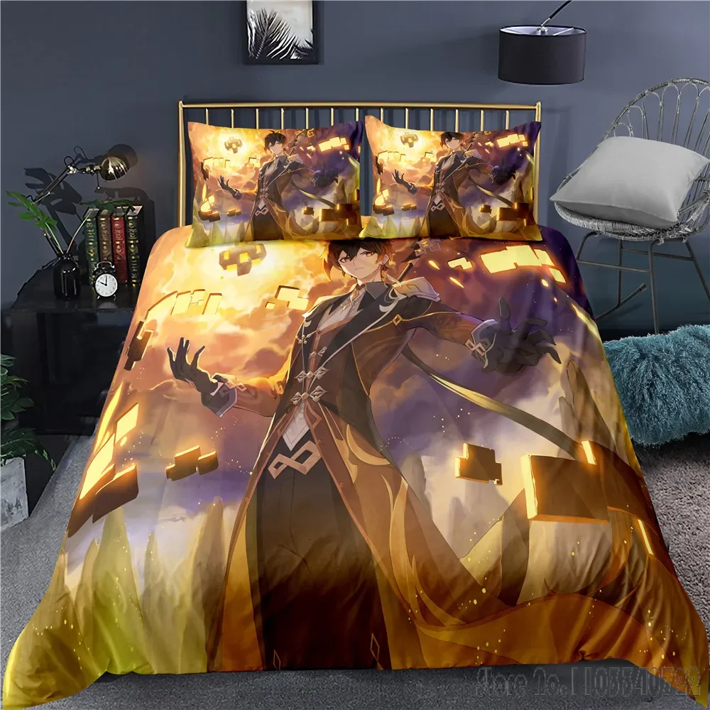 Indecor Genshin Impact Keqing Duvet Cover Set HD Comforter Cover for Kids Bedding Sets Bedclothes Bedroom Decor