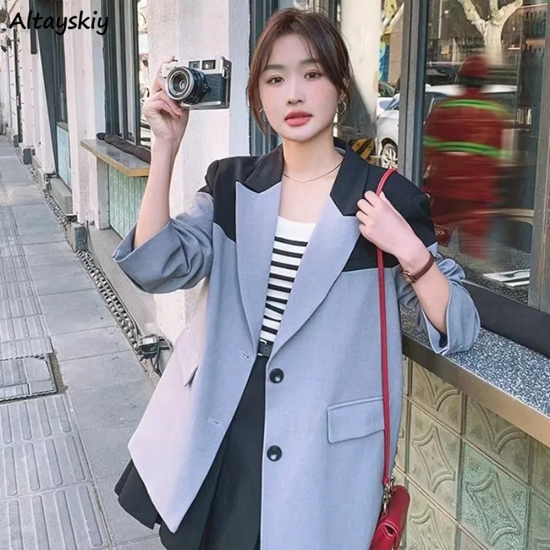 Patchwork Blazers Women Panelled Korean Causal Graceful Pockets High Street Classic Famous Lady Loose Streetwear Cool Outwear