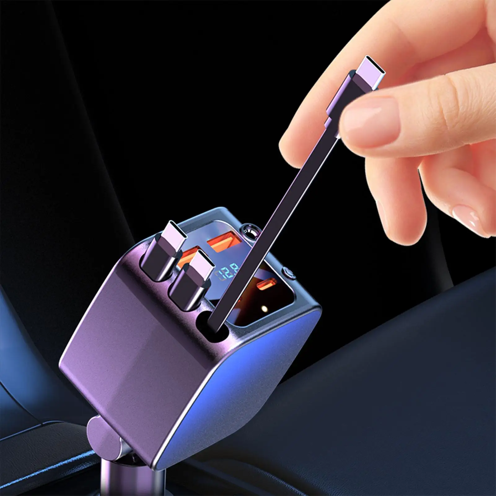 

Автомобильное зарядное устройство с выдвижными кабелями Быстрая зарядка 2 USB-порта Автозапчасти с Starlight Автомобильные зарядные устройства для сотовых телефонов