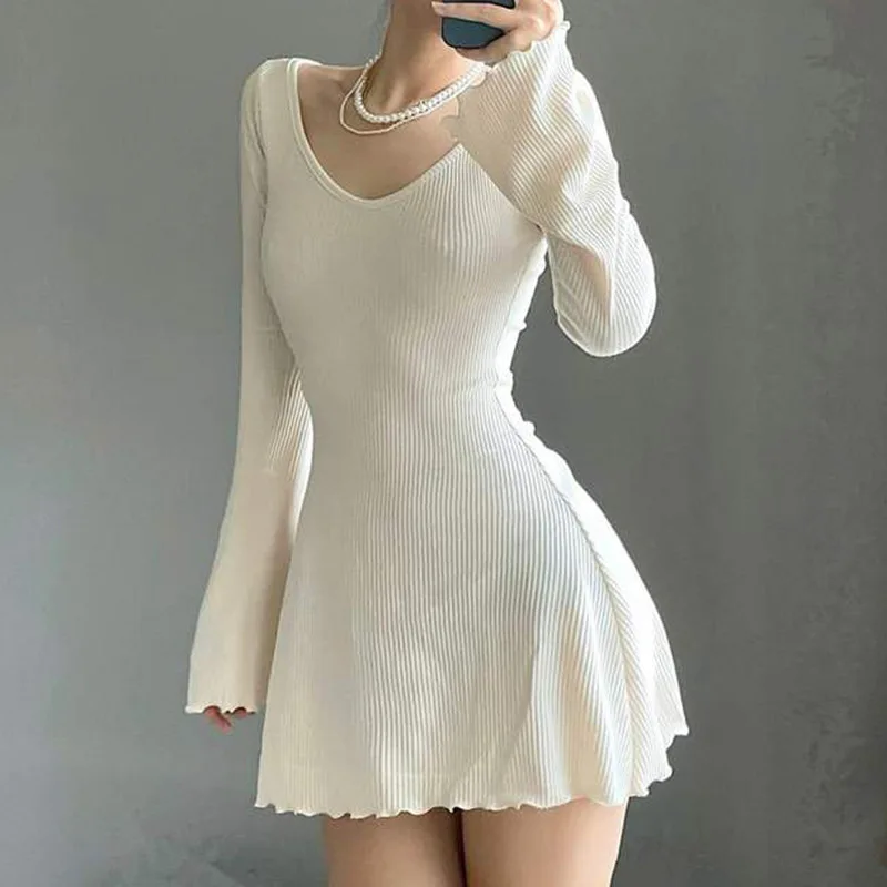 Dghisre Women Long Sleeve Mini Dress Sexy V Neck Bodycon Dress Y2k A Line Short Dress Party Streetwear