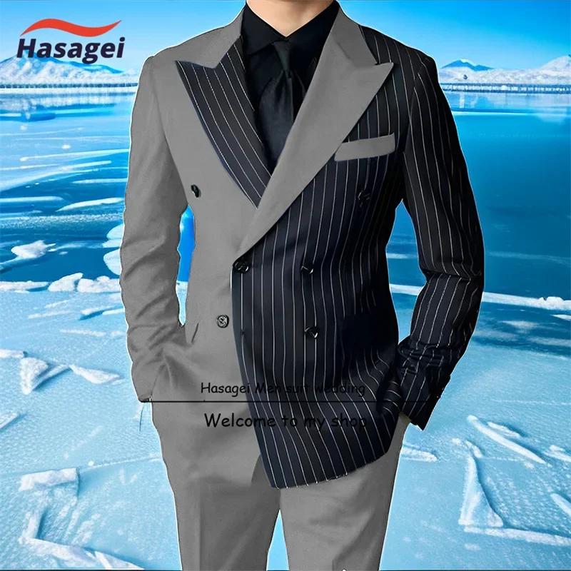 Formal Men\'s Suit, Wedding Groom Tuxedo 2 Piece Set, Jacket Pants Mens Double Breasted Blazer Elegant Color Block Clothes