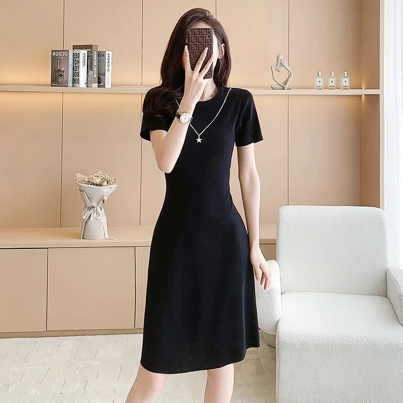 

New Summer Women's Short Sleeve Dress Elegant Fashion Casual Black A-line Skirt