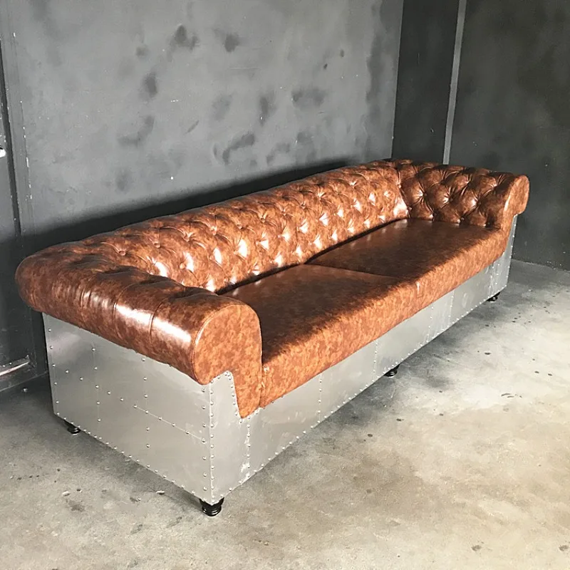 

Industrial style personalized rivet metal furniture retro aluminum leather old first layer leather three-person sofa