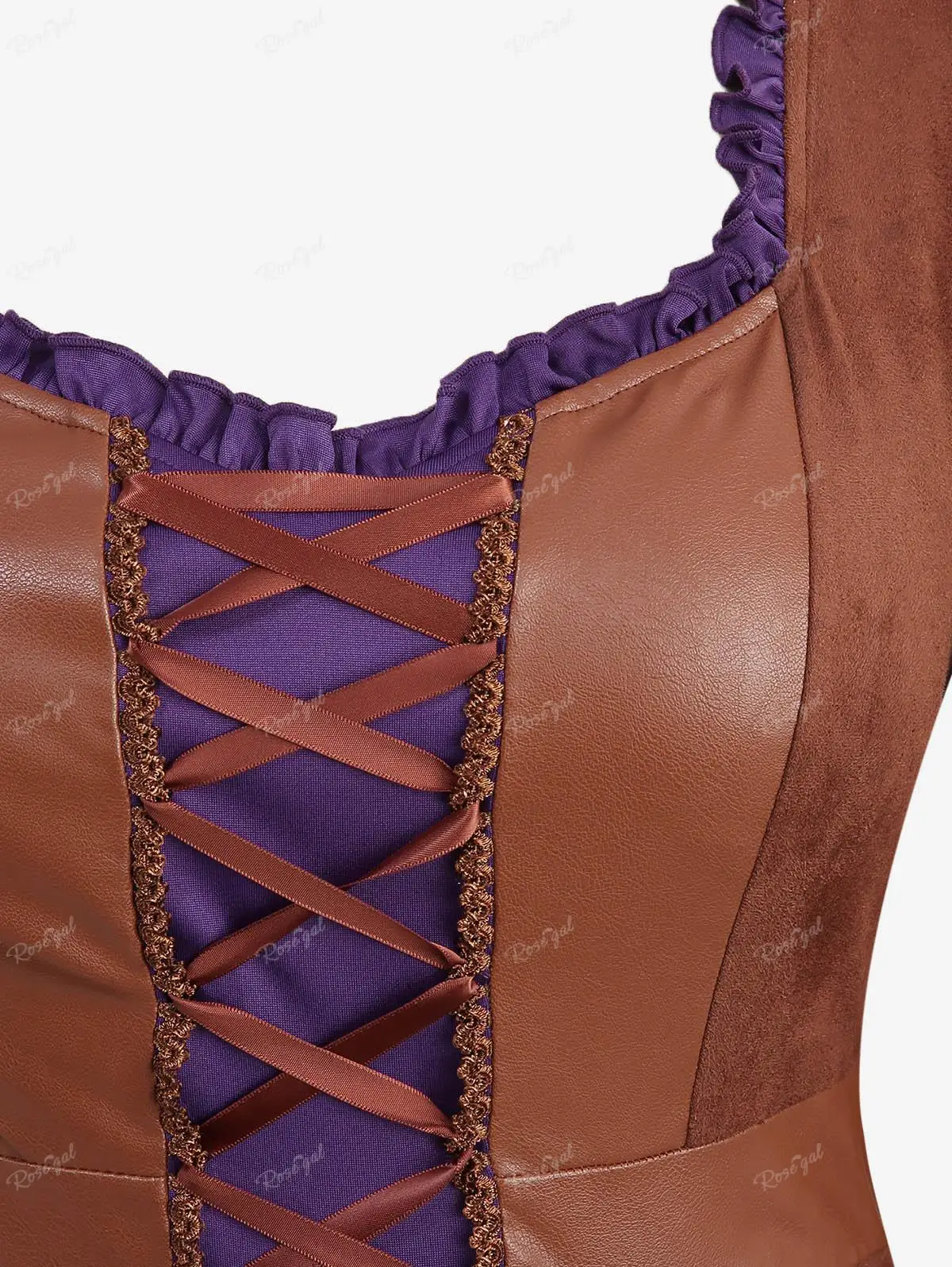 ROSEGAL-Robes Renaissance médiévales pour femmes, grande taille, volants, lacets, manches évasées, cuir PU, patchwork, robe Maxi, robe éducative