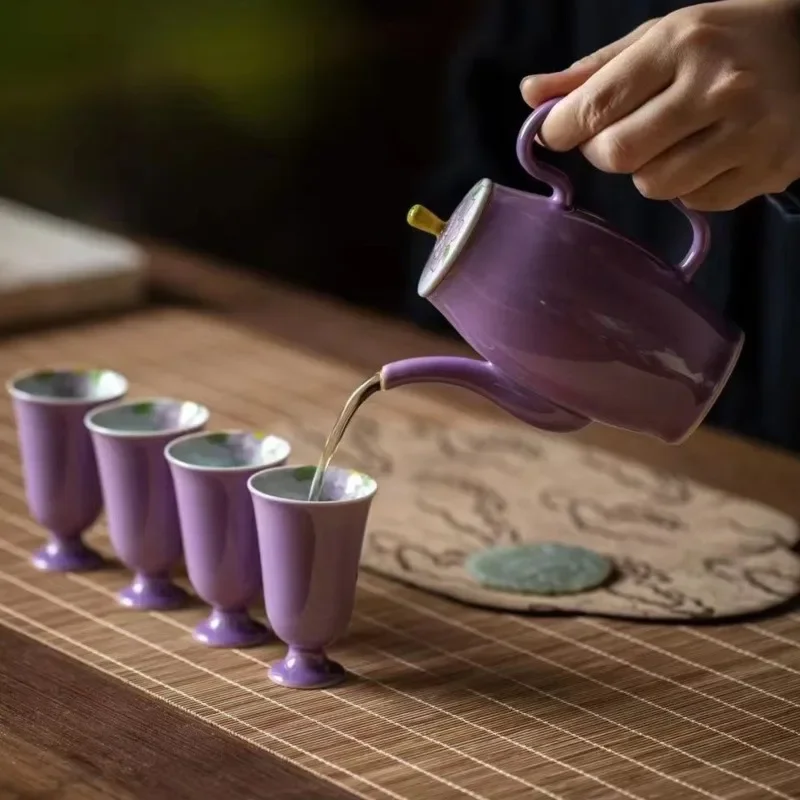 

Hand-Painted Purple Imitation Song Tea Pot SetLuxurious Chinese Kung Fu Tea WareLight Luxury Gift for Tea Connoisseurs