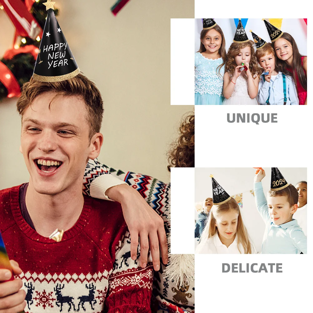 

18Pcs New Year Paper Cone Hats Black Gold Party Hats for 2024 New Year Celebration Supplies Paper Cone Hat Party Supply