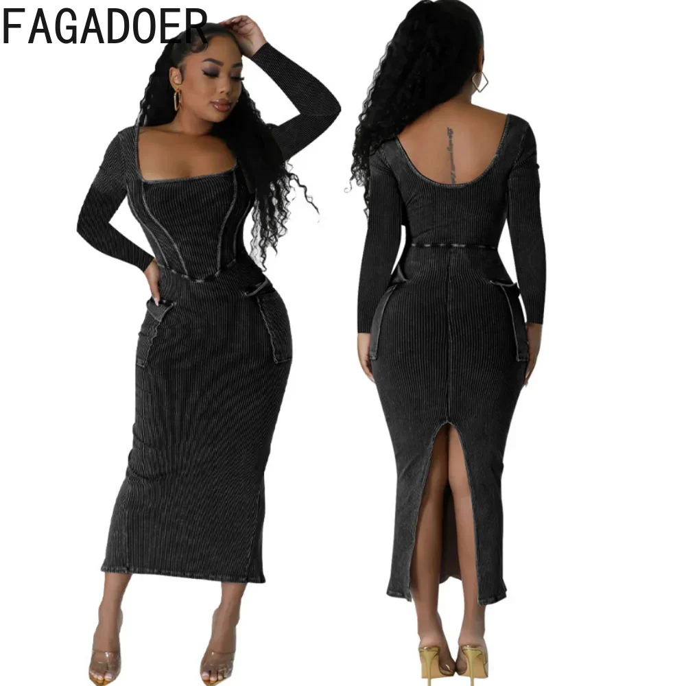 

FAGADOER Sexy Solid Color Bodycon Dresses Women Square Neck Long Sleeve Slit Vestidos Fashion Female Backless Streetwear 2023