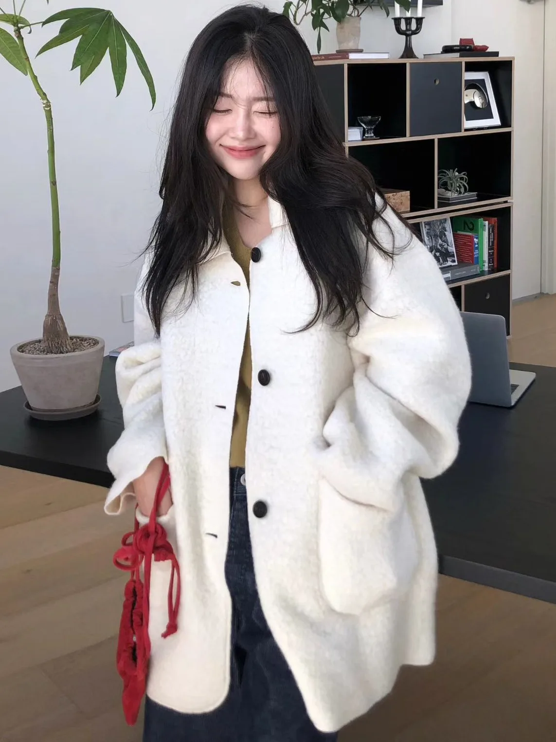 

Korean Sle Lamb Fur Coat with Double kets And Button up Collar Women's Outerwear Soft Design Spring Autumn Winter Jaet