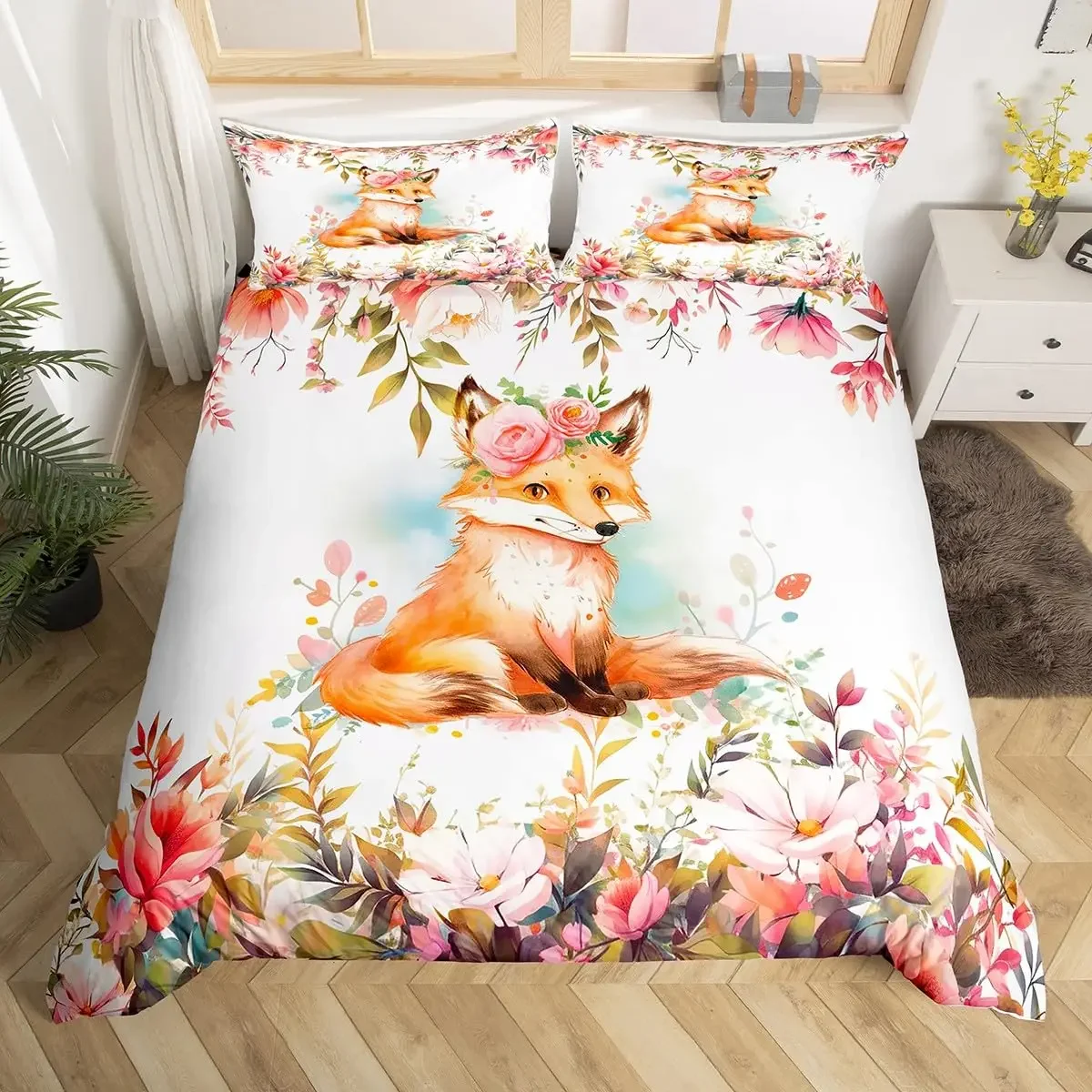 Red Fox Bedding Set Winter Snow Duvet Cover Wild Animals Comforter Cover Lovely Fox Polyester Quilt Cover with 2 Pillowcases