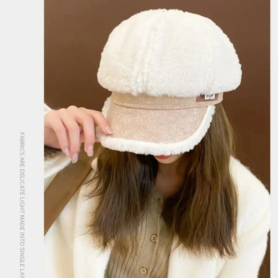 Lamb Hair Octagonal Hat for Women's Korean Fashion Duck Tongue Hat with Plush Bud Hat British Retro Artist Hat Fedora Wool Caps