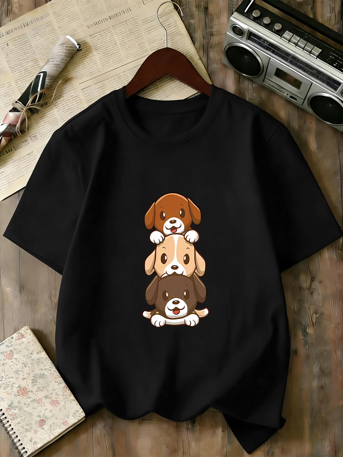 Kids Family Matching T Shirt Three Stacked Cartoon Puppies Print Short Sleeve Cotton Tops For Boys Girls Daily Casual Outfit