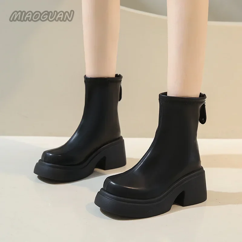 Thick Bottom Ankle Boots for Women Spring Autumn Fashion Black White Women\'s Shoes Chunky High Heels Round Head Short Botines